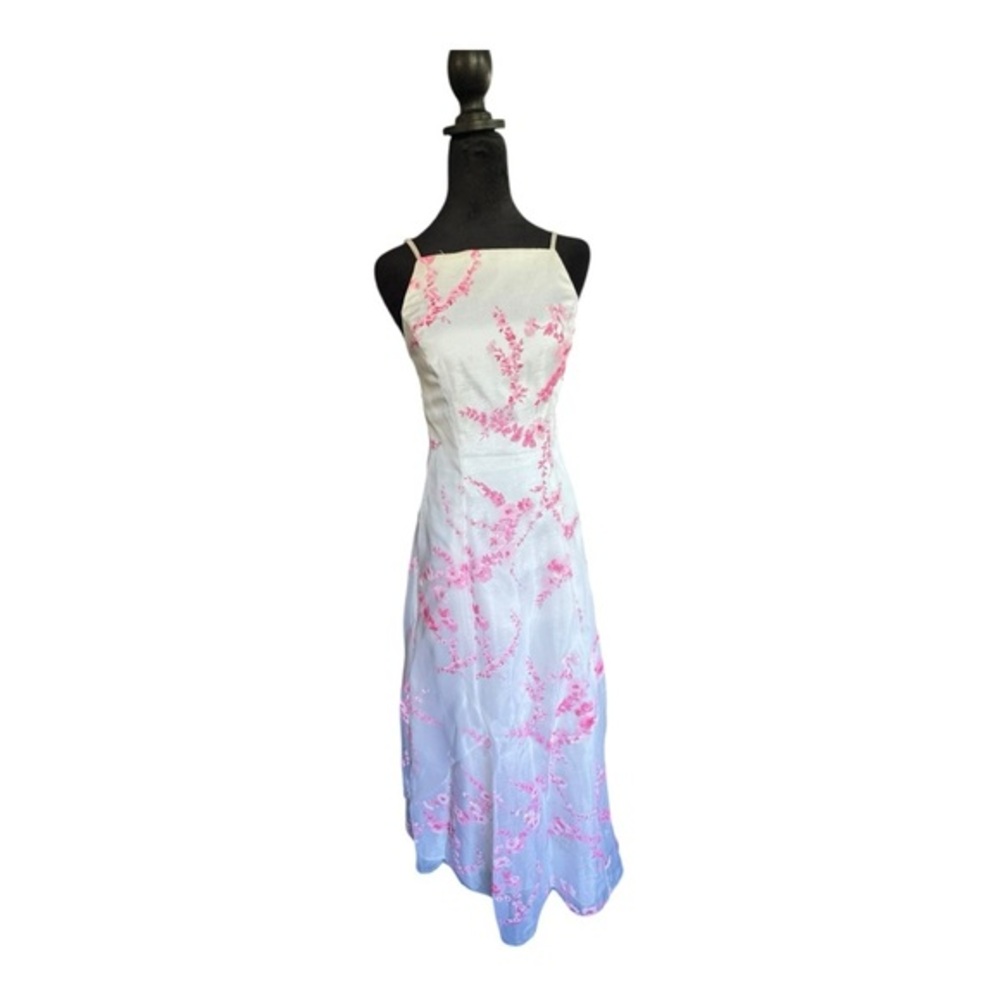 VTG 90s USA Organza Formal A line Dress in White with pink flower print SZ 3/4 - Picture 3 of 9